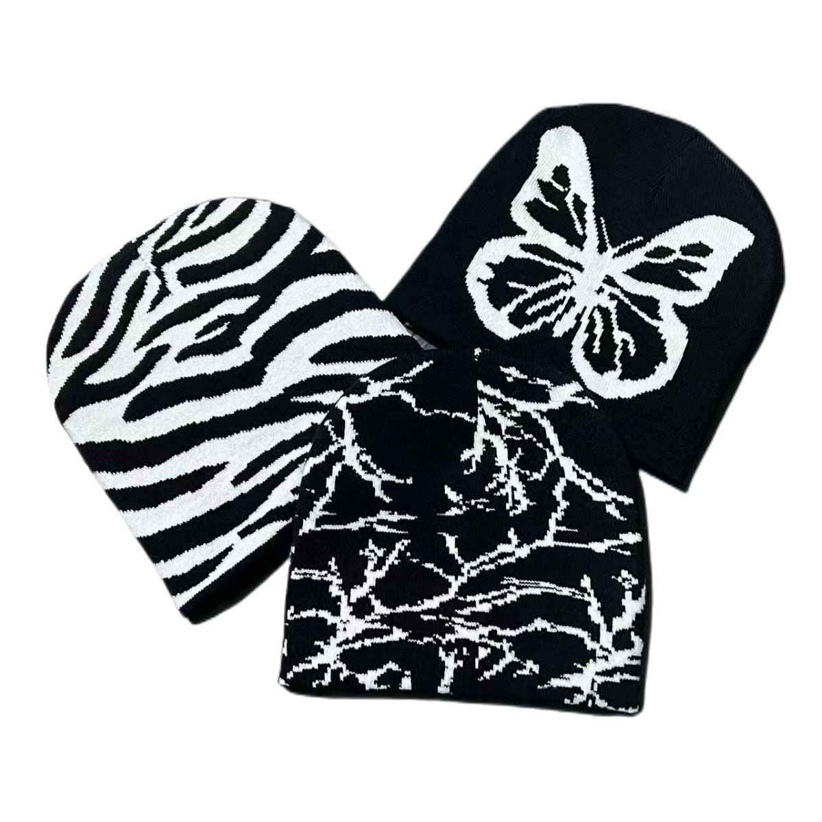 Wholesale Acrylic Black and White Pattern Butterfly Knitting Warm and Cold Proof Wool Cap